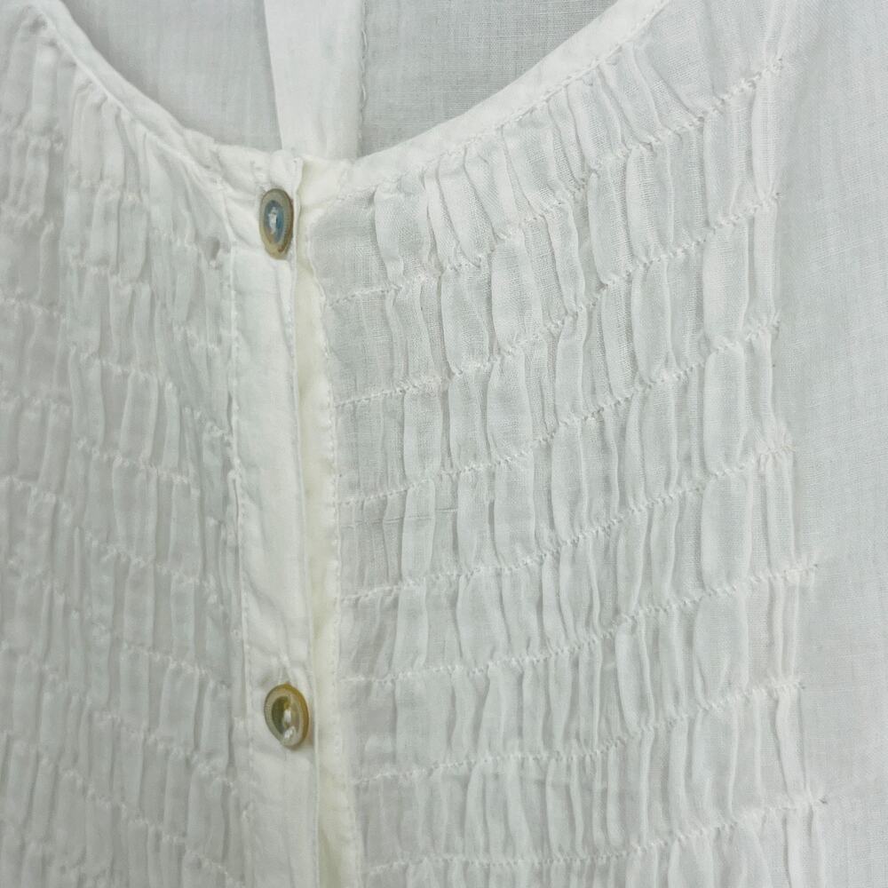 EILEEN FISHER Top M Organic Cotton Voile Smocked Button Up Long Sleeve White - Picture 7 of 13